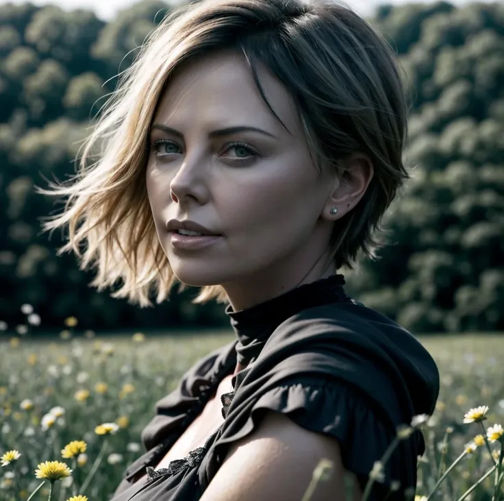 beautiful detailed face, black,(Charlize Theron:), in dress, flower meadow around soft light, sharp, exposure blend, medium shot, bokeh, (hdr:1.4), high contrast,