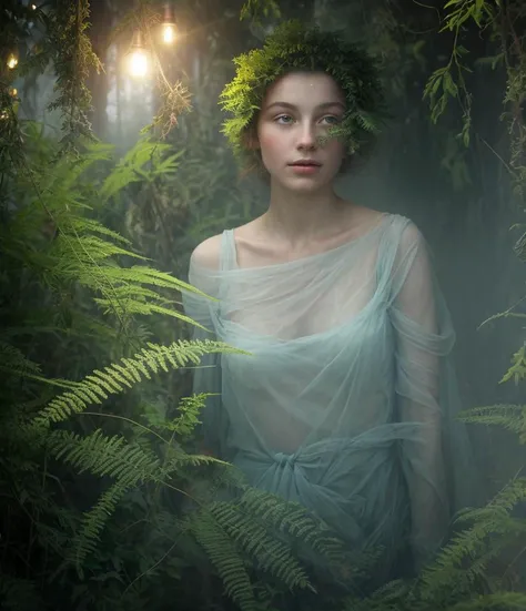 In a mystical twilight realm, ethereal bubbles drift lazily through a veil of reflective, transparent fog, their iridescent surfaces catching and refracting the soft, dramatic side light that pierces the haze. Swirling tendrils of mist intertwine with organic patterns reminiscent of fern fronds and flowing water, creating a mesmerizing double exposure effect that blurs the boundaries between reality and fantasy. At the heart of this enchanted scene, a fae female emerges, her delicate features and luminous skin aglow with an inner radiance that contrasts beautifully against the low-key, shadowy backdrop. Her eyes, deep and knowing, seem to hold the secrets of the forest as she gazes out from within the swirling, bubble-filled fog. Gossamer wings unfurl behind her, their translucent membranes echoing the fragile beauty of the surrounding bubbles. The entire composition exudes a sense of otherworldly wonder and quiet magic, inviting the viewer to lose themselves in its depths. This captivating blend of ethereal elements and feminine mystique evokes the dreamy, luminous style of John Anster Fitzgerald, coupled with the intricate, nature-inspired patterns of Alphonse Mucha and the moody, atmospheric lighting mastery of Rembrandt. 1girl, 8k, photo \(medium\), lighting, Photorealism, cinematic light