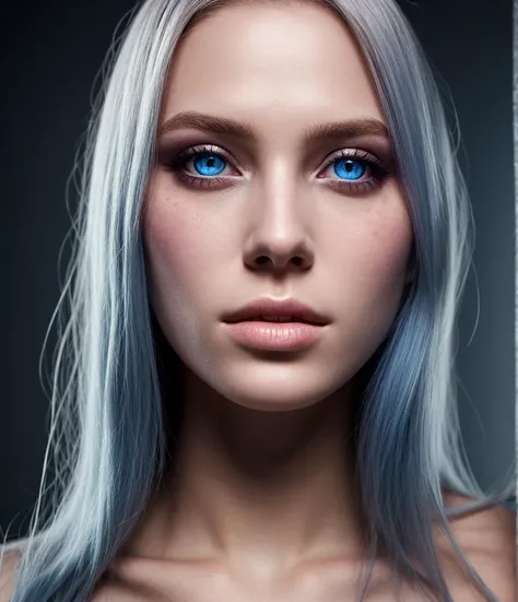 ethereal alien, piercing blue eyes that seem to glow with an inner light. Her long, ethereal light. Her skin is a pale, enigmatic expression, natural pink., pointed nose and full lips. Her eyes are a piercing, almost ethereal texture, glowing blue particles surrounding her. Her skin has a pale, adorned with glowing, infused with shimmering, ethereal character. The subject is a young woman with long, <lora:_Portrait:1>, lighting, Photorealism, cinematic light