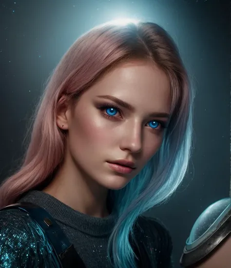 ethereal alien, piercing blue eyes that seem to glow with an inner light. Her long, ethereal light. Her skin is a pale, enigmatic expression, natural pink., pointed nose and full lips. Her eyes are a piercing, almost ethereal texture, glowing blue particles surrounding her. Her skin has a pale, adorned with glowing, infused with shimmering, ethereal character. The subject is a young woman with long, <lora:_Portrait:1>, lighting, Photorealism, cinematic light