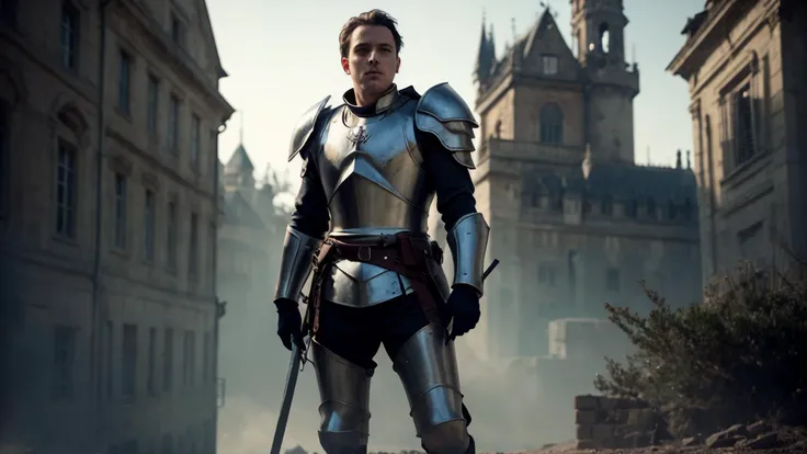 Joan of Arc - A devout French warrior with a suit of armor and a white battle banner. By jeremy mann, by sandra chevrier, by maciej kuciara, sharp, (perfect, body:1.1), realistic, real shadow, 3d, (dark castle background:1.2), (by Michelangelo), (profesional lights:1.3) (profesional photography:1.3), full body shoot, concept art of medieval rpg character,leaning against a fence with arms crossed
