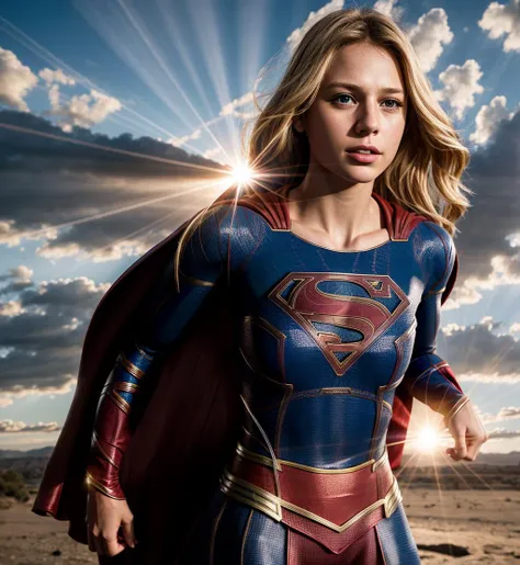 1girl, (Raw, Analog portrait photo of Kara Zor El), sci-fi superhero style, detailed face, teen, messy hair, (light blonde hair:1.2), heroic, ultra realist colors, very intricate details, focus, full frame image, award winning, highly detail eyes, hd, 16k, natural illumination, real hair movement, (best quality:1.4), (Supergirl, wearing Supergirl-suit, cape), outdoor, realistic, (pixar:-1) (painting:-1) (render:-1) sharp focus, hdr, sunset, god rays, backlight, professional photo shot with Hasselblad 501c
