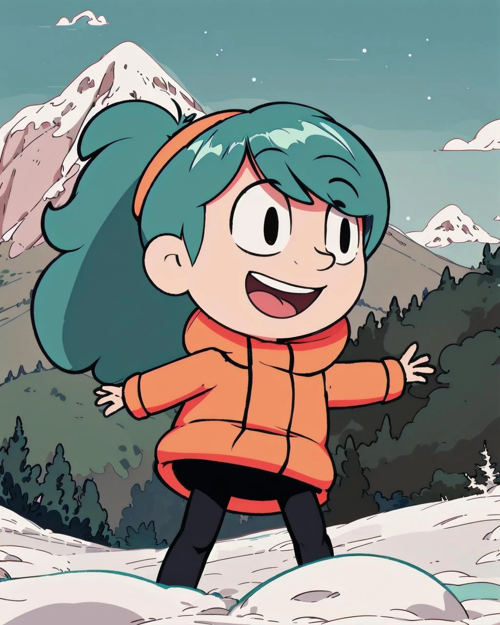 4k, fine detail, ultra high resolution, 1girl, solo, smile, at mountain, in winter, sunny day, outdoors, <lora:Hilda_Netflix_Series:0.75> hilda, 1girl, solo, blue hair, aqua hair, child, chibi <lora:add_detail:0.5>, action shot, from below