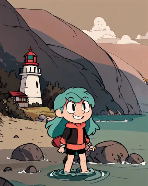 masterpiece, best quality, ultra-detailed,, 1girl, solo, smile, at beach, evening, outdoors, lighthouse at background, <lora:Hilda_Netflix_Series:0.75> hilda, 1girl, solo, blue hair, aqua hair, child, chibi, <lora:add_detail:0.5>