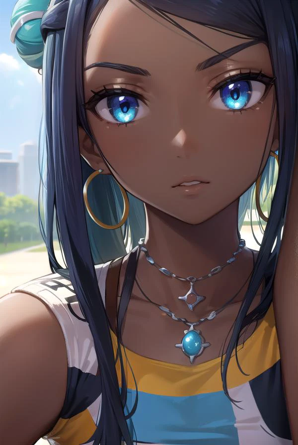 pokemonnessa, <lora:pokemonnessa-lora-nochekaiser:1>,
pokemonnessa, aqua eyes, eyeshadow, dark skin, (dark-skinned female:1.5), hair bun, hair ornament, makeup, long hair, sidelocks, single hair bun, thick eyebrows, black hair, aqua hair, streaked hair,
BREAK armlet, bare arms, belly chain, bike shorts, bikini, crop top, earrings, gloves, half gloves, hoop earrings, jewelry, midriff, navel, necklace, short shorts, shorts, swimsuit, tankini,
BREAK looking at viewer, (upper body:1.2),
BREAK outdoors, city, sky, sun,
BREAK <lyco:GoodHands-beta2:1>, (masterpiece:1.2), best quality, high resolution, unity 8k wallpaper, (illustration:0.8), (beautiful detailed eyes:1.6), extremely detailed face, perfect lighting, extremely detailed CG, (perfect hands, perfect anatomy),