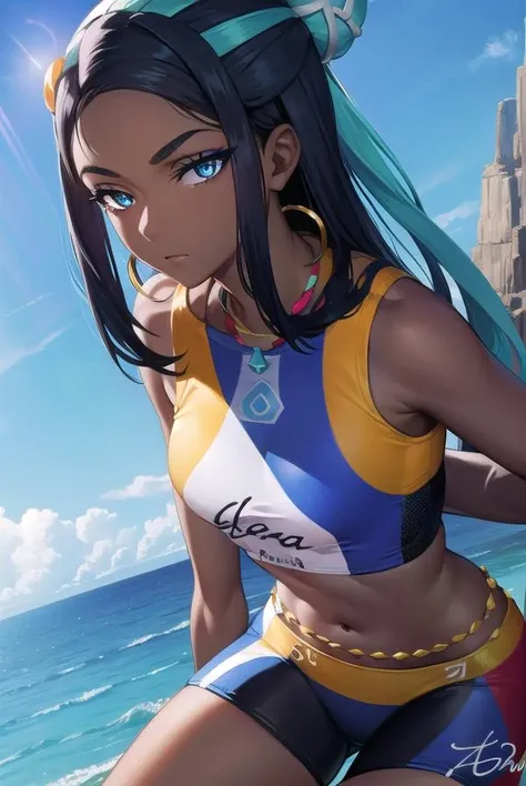 pokemonnessa, <lora:pokemonnessa-lora-nochekaiser:1>,
pokemonnessa, aqua eyes, eyeshadow, dark skin, (dark-skinned female:1.5), hair bun, hair ornament, makeup, long hair, sidelocks, single hair bun, thick eyebrows, black hair, aqua hair, streaked hair, <lora:gekioko_v200:1>,
BREAK armlet, bare arms, belly chain, bike shorts, bikini, crop top, earrings, gloves, half gloves, hoop earrings, jewelry, midriff, navel, necklace, short shorts, shorts, swimsuit, tankini,
BREAK looking at viewer, upper body, full body,
BREAK outdoors, city, sky, sun,
BREAK <lyco:GoodHands-beta2:1>, (masterpiece:1.2), best quality, high resolution, unity 8k wallpaper, (illustration:0.8), (beautiful detailed eyes:1.6), extremely detailed face, perfect lighting, extremely detailed CG, (perfect hands, perfect anatomy),