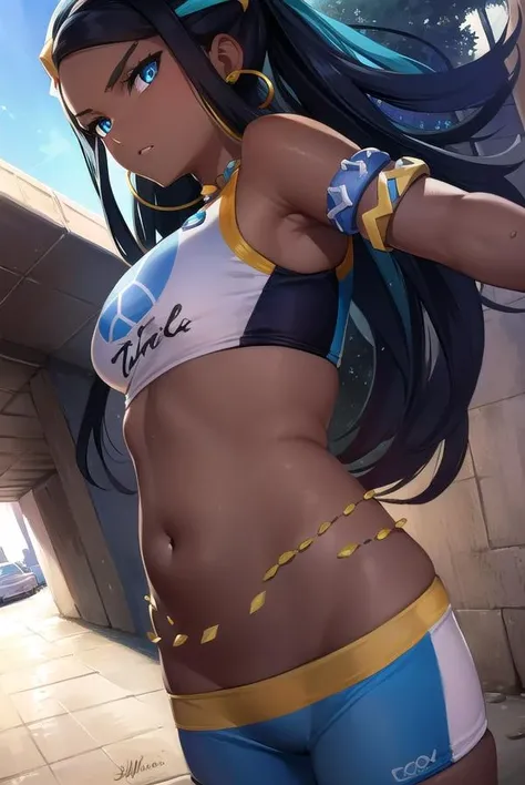 pokemonnessa, <lora:pokemonnessa-lora-nochekaiser:1>,
pokemonnessa, aqua eyes, eyeshadow, dark skin, (dark-skinned female:1.5), hair bun, hair ornament, makeup, long hair, sidelocks, single hair bun, thick eyebrows, black hair, aqua hair, streaked hair, <lora:gekioko_v200:1>,
BREAK armlet, bare arms, belly chain, bike shorts, bikini, crop top, earrings, gloves, half gloves, hoop earrings, jewelry, midriff, navel, necklace, short shorts, shorts, swimsuit, tankini,
BREAK looking at viewer, upper body, full body,
BREAK outdoors, city, sky, sun,
BREAK <lyco:GoodHands-beta2:1>, (masterpiece:1.2), best quality, high resolution, unity 8k wallpaper, (illustration:0.8), (beautiful detailed eyes:1.6), extremely detailed face, perfect lighting, extremely detailed CG, (perfect hands, perfect anatomy),