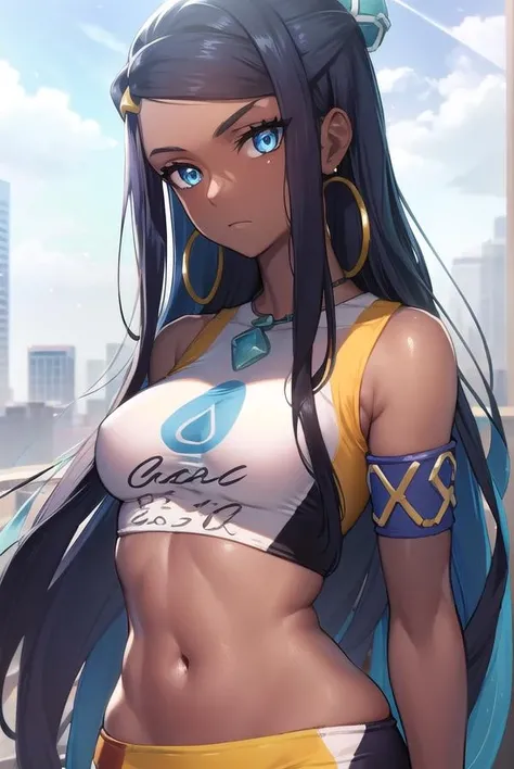 pokemonnessa, <lora:pokemonnessa-lora-nochekaiser:1>,
pokemonnessa, aqua eyes, eyeshadow, dark skin, (dark-skinned female:1.5), hair bun, hair ornament, makeup, long hair, sidelocks, single hair bun, thick eyebrows, black hair, aqua hair, streaked hair,
BREAK armlet, bare arms, belly chain, bike shorts, bikini, crop top, earrings, gloves, half gloves, hoop earrings, jewelry, midriff, navel, necklace, short shorts, shorts, swimsuit, tankini,
BREAK looking at viewer, (upper body:1.2),
BREAK outdoors, city, sky, sun,
BREAK <lyco:GoodHands-beta2:1>, (masterpiece:1.2), best quality, high resolution, unity 8k wallpaper, (illustration:0.8), (beautiful detailed eyes:1.6), extremely detailed face, perfect lighting, extremely detailed CG, (perfect hands, perfect anatomy),