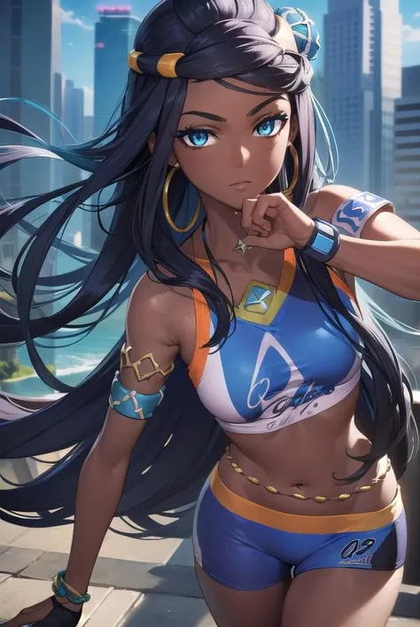 pokemonnessa, <lora:pokemonnessa-lora-nochekaiser:1>,
pokemonnessa, aqua eyes, eyeshadow, dark skin, (dark-skinned female:1.5), hair bun, hair ornament, makeup, long hair, sidelocks, single hair bun, thick eyebrows, black hair, aqua hair, streaked hair, <lora:gekioko_v200:1>,
BREAK armlet, bare arms, belly chain, bike shorts, bikini, crop top, earrings, gloves, half gloves, hoop earrings, jewelry, midriff, navel, necklace, short shorts, shorts, swimsuit, tankini,
BREAK looking at viewer, upper body, full body,
BREAK outdoors, city, sky, sun,
BREAK <lyco:GoodHands-beta2:1>, (masterpiece:1.2), best quality, high resolution, unity 8k wallpaper, (illustration:0.8), (beautiful detailed eyes:1.6), extremely detailed face, perfect lighting, extremely detailed CG, (perfect hands, perfect anatomy),