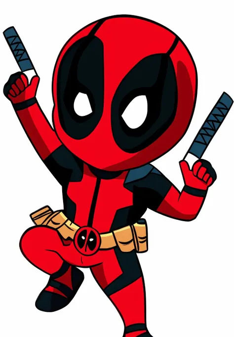 <lora:deadpool_chibi:0.8>, deadpool_chibi, 1boy, solo, dynamic pose, happy, simple background, white background,