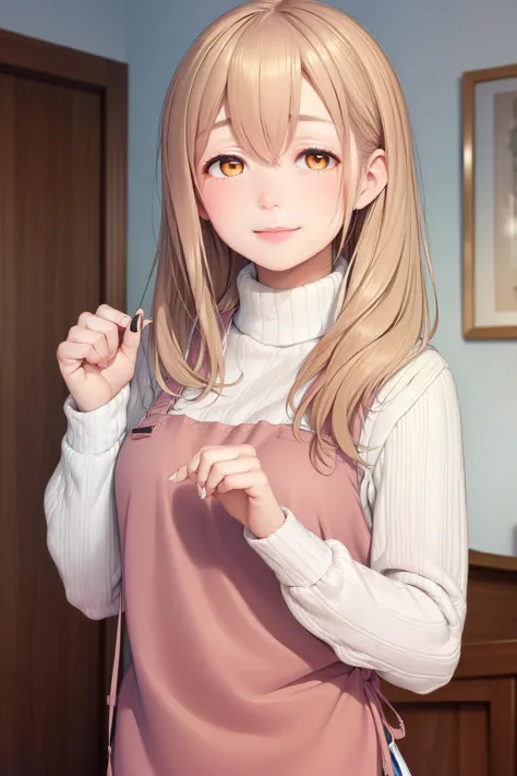 (masterpiece, best quality:1.2), <lyco:misscaretaker_sunohara-10:1.0>, solo, 1girl, sunohara ayaka, smile, looking at viewer, own hands together, sweater, apron