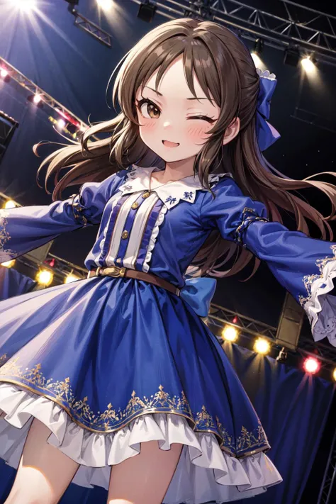 masterpiece,best quality,1girl,solo,tachibana arisu,brown eyes,brown hair,half updo,frilled dress,(long dress),idol,idolmaster,long sleeves,hair bow,wide sleeves,light smile,one eye closed,spread arms,outstretched arms,on stage,stage lights,cowboy shot,dutch angle,<lora:Concept-control tool-add_detail-CyberAIchemist:0.8>,<lora:arisu:1>,