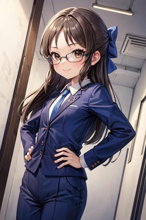 highest quality、Realistic、girl、Japanese、zoom、cute、classroom、Cobalt blue eyes、Light Brown Hair、ponytail、Off-white blazer、White blouse、Ribbon、Blue checked pleated skirt、Face close-up、thin、Small breasts、smile、Glasses、freckles