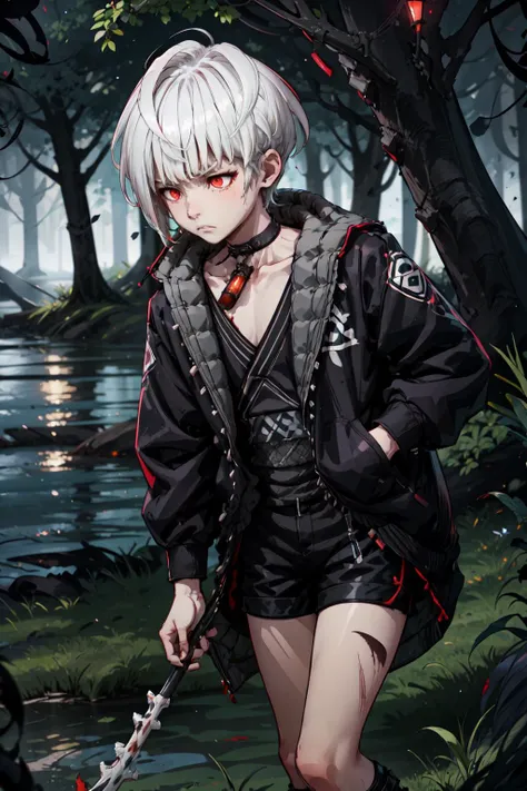 <lora:e7hastev2-2-09:.80> e7haste, 1boy, red eyes, white hair, siccar, jacket, tunic, choker, boots, shorts, black footwear, forest, dark, outdoors, night, dim light, darkness, glowing eyes, tired, hunched over, exhausted, leaning on tree, cinematic, leaves, grass, lake, trees in foreground, limping, blood,