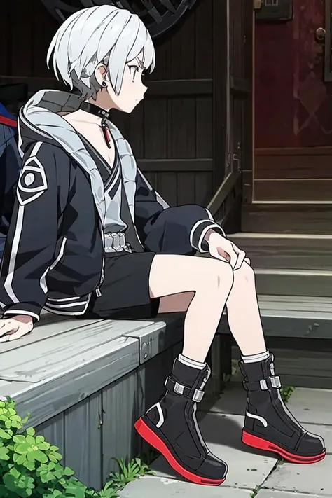 <lora:Alola_Style:0.65>, (best quality, masterpiece:1.5), (1boy, solo:1.1), <lora:e7Haste-07:.8>, hooded_jacket, choker, boots, shorts, white hair, short hair, profile, sitting down, serious, red jewelry