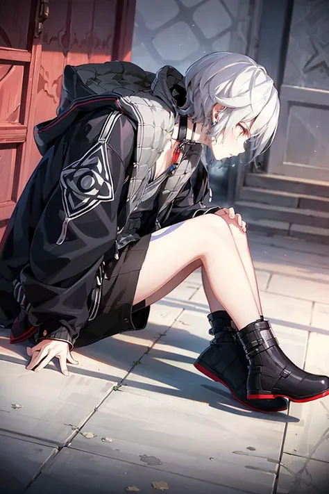 (best quality, masterpiece:1.5), (1boy, solo:1.1), <lora:e7Haste-07:.8>, hooded_jacket, choker, boots, shorts, white hair, short hair, profile, sitting down, serious, red jewelry