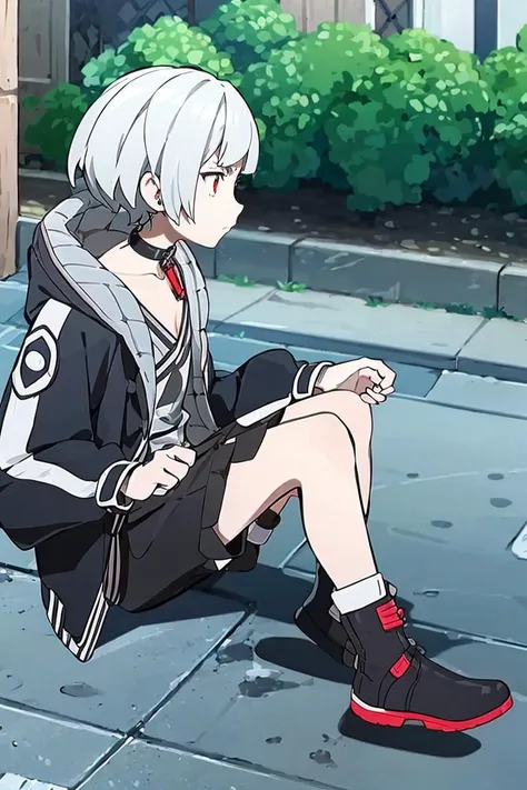 <lora:Alola_Style:0.65>, (best quality, masterpiece:1.5), (1boy, solo:1.1), <lora:e7Haste-07:.8>, hooded_jacket, choker, boots, shorts, white hair, short hair, profile, sitting down, serious, red jewelry