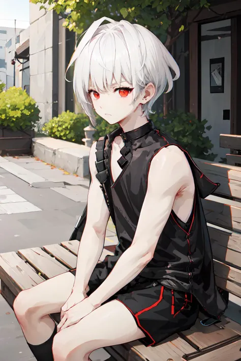 <lora:e7hastev2-2-09:.70> e7haste, 1boy, red eyes, white hair, siccar, simple background, sleeveless, sitting, outdoors, dayllight, park, AS-YoungV2