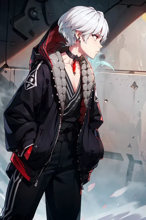(best quality, masterpiece:1.5), (1boy, solo:1.1), <lora:e7Haste-07:.8>, hooded_jacket, choker, boots, pants, white hair, short hair, profile, serious, red jewelry, cowboy shot,
