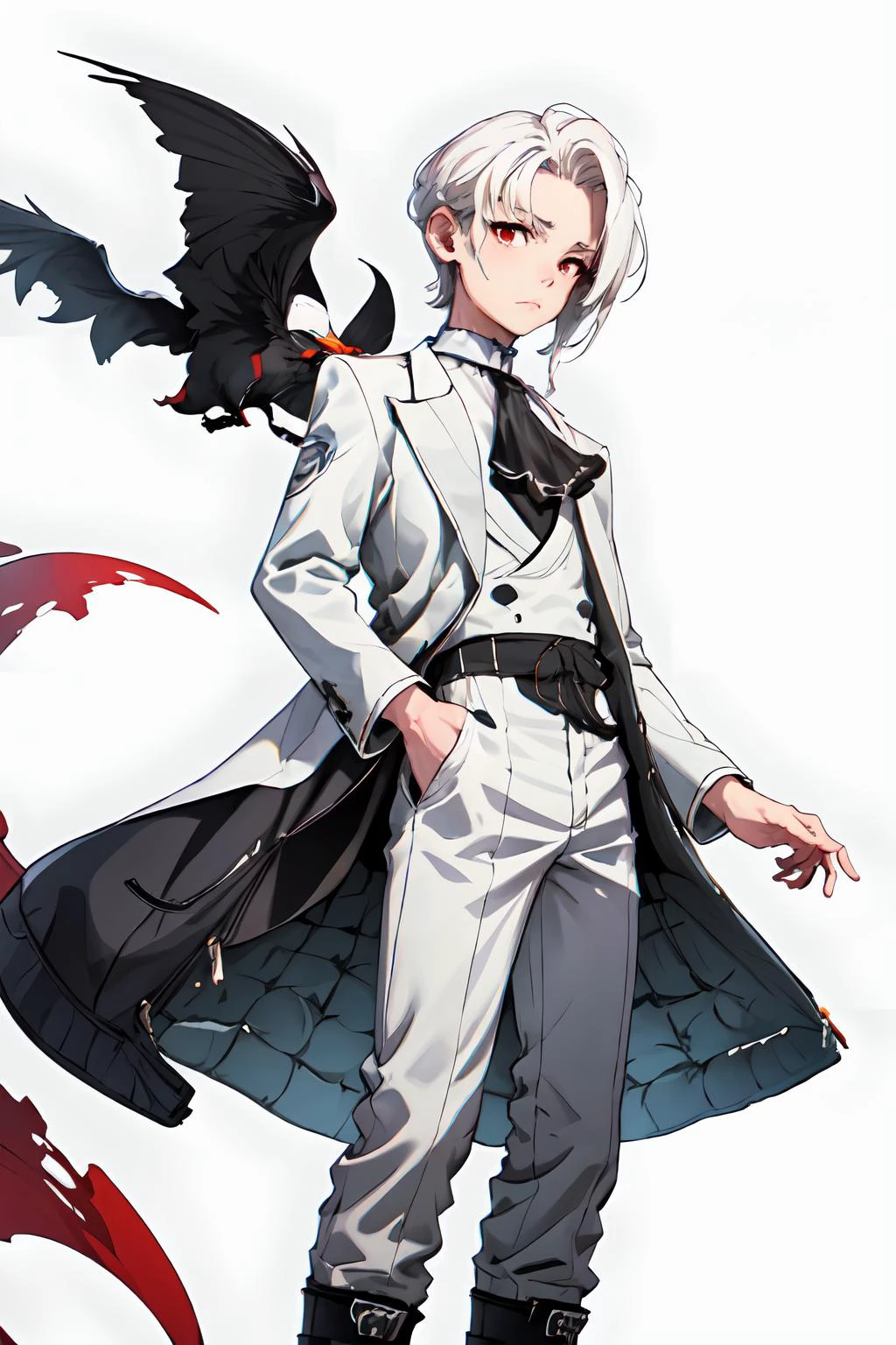 <lora:e7hastev2-2-09:.80> e7haste, 1boy, bloodmoon, white hair, red eyes, (hair pulled back:1.4), white suit, white clothes, formal, (ascot:1.2), white background, looking down on viewer, simple background, AS-YoungV2, GS-Boyish, white pants, white boots, standing, white footwear