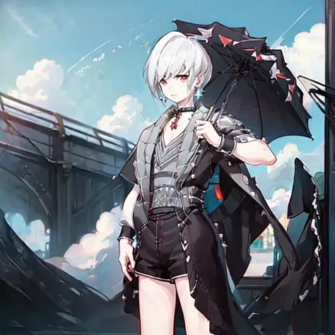 (masterpiece, best quality, ultra detailed:1.5) <lora:e7Haste-07:.9> 1boy, portrait, (solo:1.4), male focus, face, close up, sky_background, bright, white_sky, day, outdoors, (short hair:1.5), (from the front:1.2), choker, collar, shorts