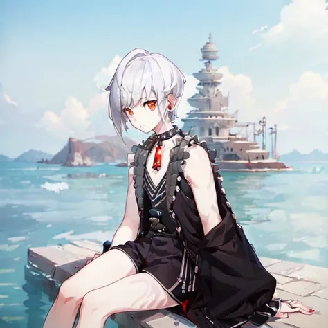 (masterpiece, best quality, ultra detailed:1.5) <lora:e7Haste-07:.8> 1boy, (solo:1.4), male focus, sky_background, bright, white_sky, day, outdoors, (short hair:1.5), from the front, choker, red_collar, shorts, sitting down, (sleeveless, arms, shoulders, bare shoulders:1.2)
