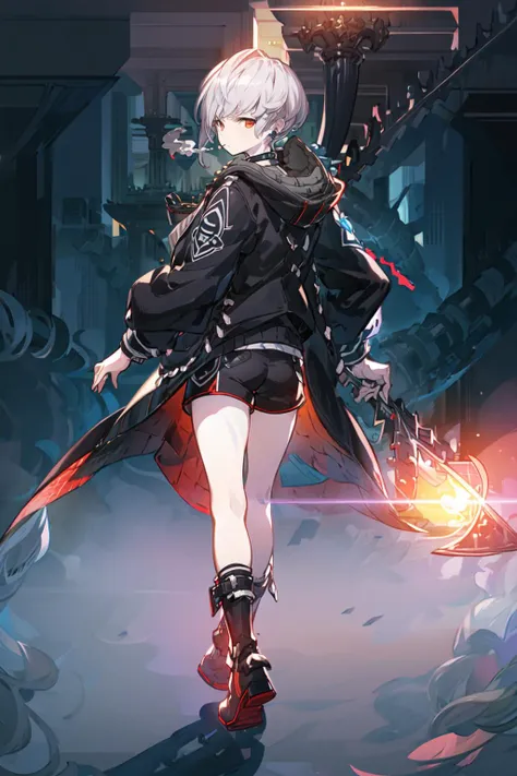<lora:Granblue Fantasy-STYLE>, <lora:e7Haste:.8> e7haste, 1boy, solo, focus, jacket, choker, boots, red collar, shorts, frown, walking, from behind, looking over shoulder, looking at viewer, (backlighting, shadow, silhouette,:1.2) smoke, goth city, night sky