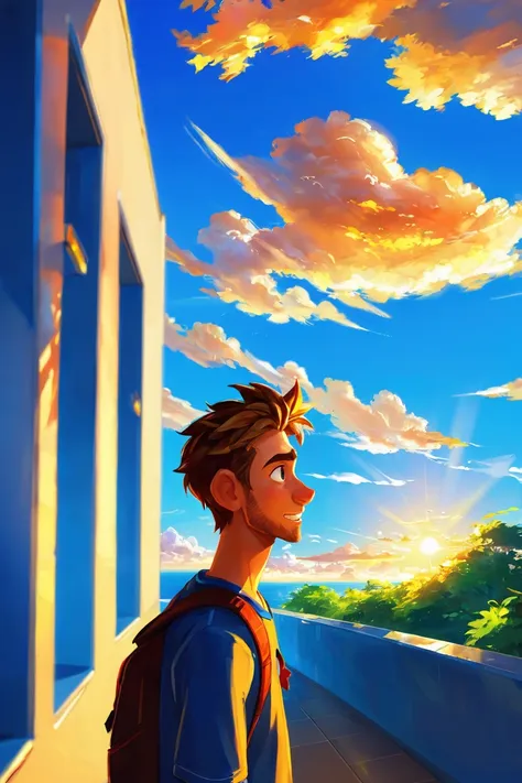 <lora:EnvySendNoodzXL01:-0.5>1boy, man, ruggedly handsome, golden hour, blue sky, clouds, scenery, Naturecore hallway<lora:EnvyBetterHiresFixXL01:0:hr=1><lora:EnvyDigitalIllustrationXL02:1>