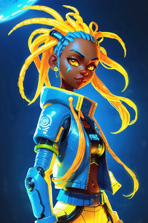 anime style, scifi, <lora:EnvySendNoodzXL01:-1>1girl, woman, scifi, cyberpunk,neon nomad,rocketpunk, succubus, space marine, full body, wearing skin-tight glowing bright yellow outfit, bombshell hair, light orange hair with azure highlights, Invisible Braids, average figure, (dark skin:1.3)<lora:EnvyBetterHiresFixXL01:0:hr=1><lora:EnvyDigitalIllustrationXL02:1>