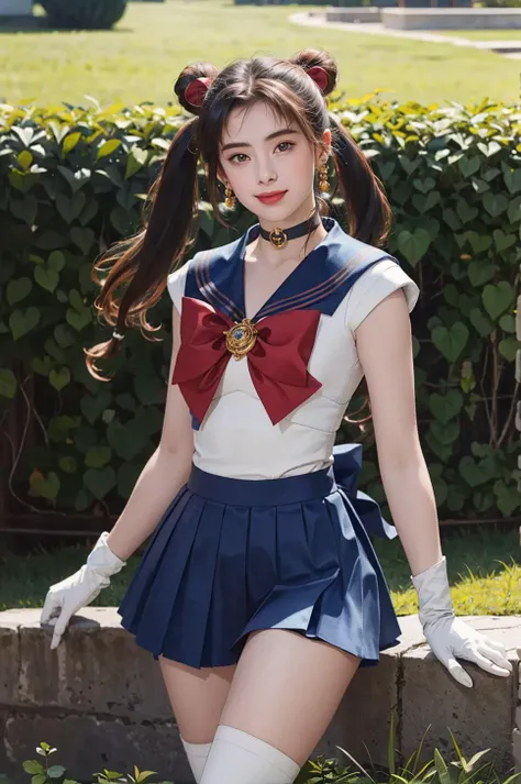 masterpiece, best quality, highres, 1girl,
aausagi, double bun, twintails, parted bangs, circlet, jewelry, earrings, choker, red bow, white gloves, elbow gloves, blue skirt, red knee boots,
outdoors, grass, <lora:sailor_moon_v1:0.7> <lora:Joey Wong:0.9:face>