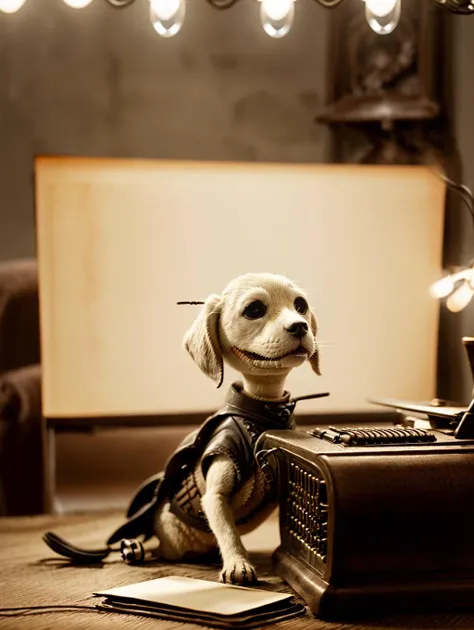 photography, concept art, digital artwork, intricate detail, masterpiece, cinematic real life photo,nbc, Cute Dog Typing at a Typewriter German Style, dramatic lighting  <lora:nbxmas-08:1>, cinestill 50d, 35mm photograph, film, professional, 8k, highly detailed