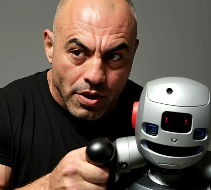 <lora:Joe Rogan - Trigger w Joerogan Person:.7>Photograph of joerogan person punching a robot with psychological problems in the face. Zaps. Robot is not happy. Angry expressions, bizarre scene.