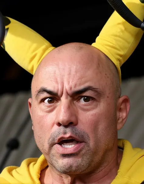 <lora:Joe Rogan - Trigger w Joerogan Person:1>Closeup of joerogan person wearing a yellow Pikachu costume and making a shocked facial expression.