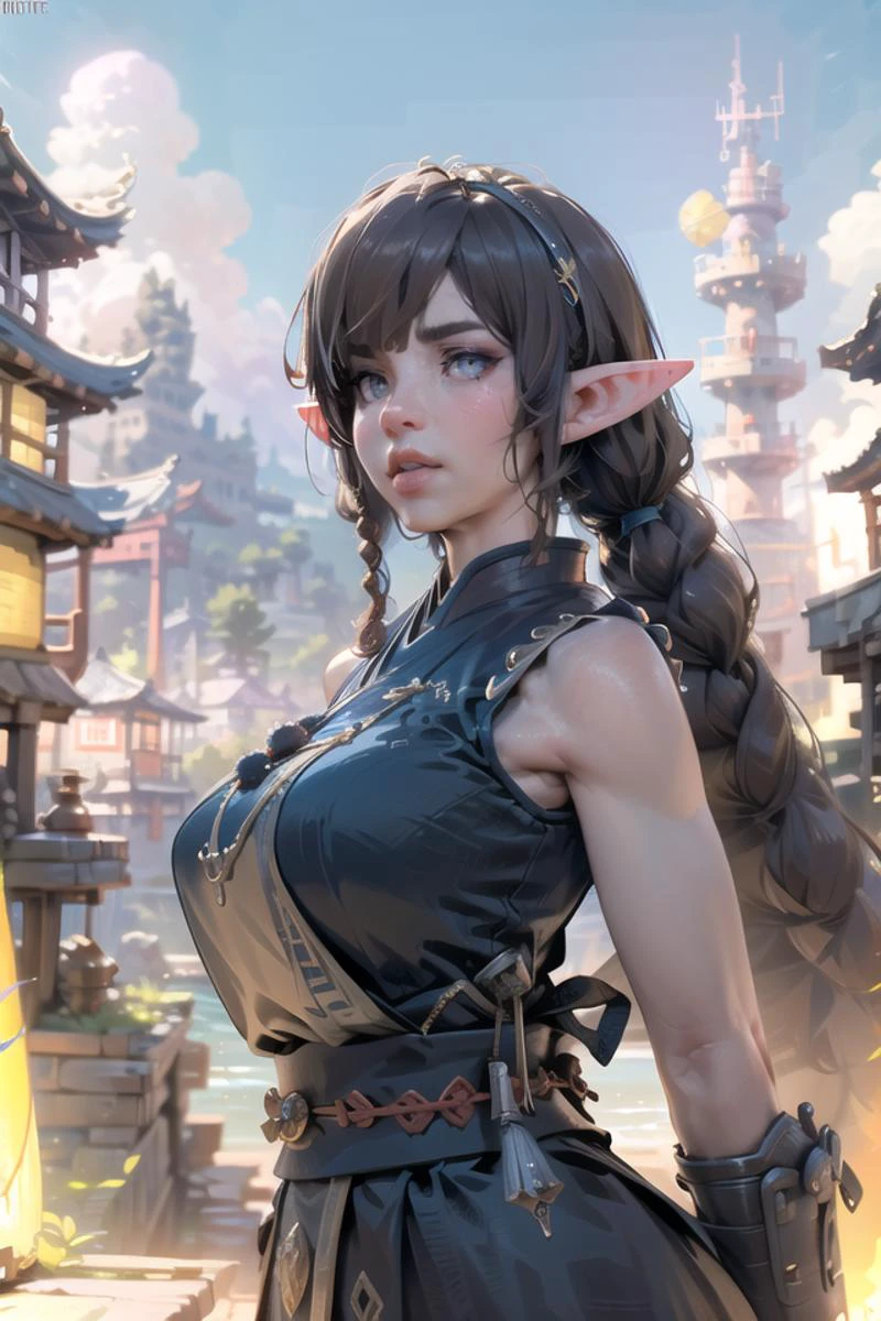 ultra detailed 8k cg, ultra realistic, masterpiece, (best quality), (detailed), very high resolution, highres, absurd res, high rating, cinematic lighting, cinematic bloom, (dynamic lighting:1.15), (dramatic lighting), (rim lighting), (volumetric lighting:1.5), (best shadow),(amazing shaders:1.2), (depth of field), (sharp focus:1.15), upper body, professional photography, cute, feminine, detailed body, (detailed face:1.1), (outlined iris), (perfect eyes), large_breast, ((((monk clothes)))), (((( twintails, darkbrown hair, white eyes, elf ears)))), (((( in an asian ancient fishing port, beautiful landscape)))), <lora:TheSabu-Style-A1:1> sabucartoon <lora:èèBlueRPG游æç»é£:0.4>
