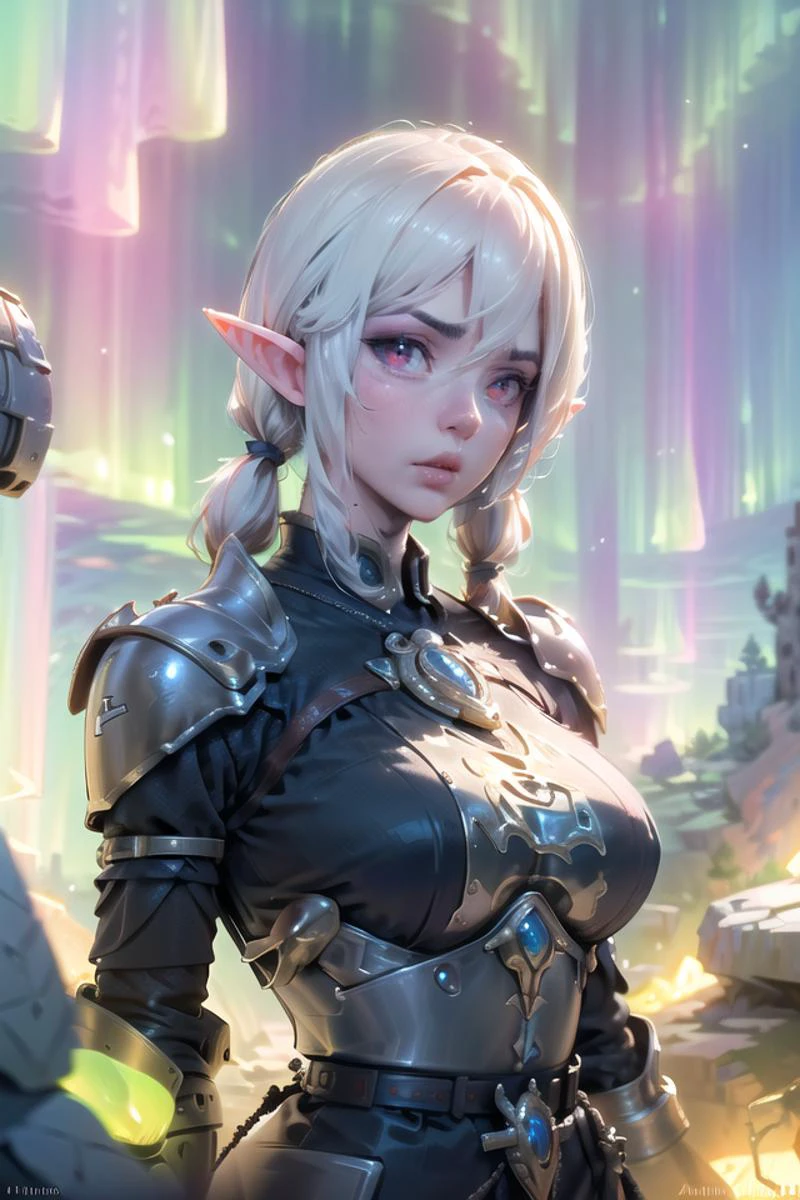 ultra detailed 8k cg, ultra realistic, masterpiece, (best quality), (detailed), very high resolution, highres, absurd res, high rating, cinematic lighting, cinematic bloom, (dynamic lighting:1.15), (dramatic lighting), (rim lighting), (volumetric lighting:1.5), (best shadow),(amazing shaders:1.2), (depth of field), (sharp focus:1.15), upper body, professional photography, cute, feminine, detailed body, (detailed face:1.1), (outlined iris), (perfect eyes), large_breast, ((((archer clothes)))), (((( low twintails, white hair, red eyes, elf ears)))), (((( in a rocky desert by night, aurora in the sky, beautiful landscape)))), <lora:TheSabu-Style-A1:1> sabucartoon <lora:èèBlueRPG游æç»é£:0.4>
