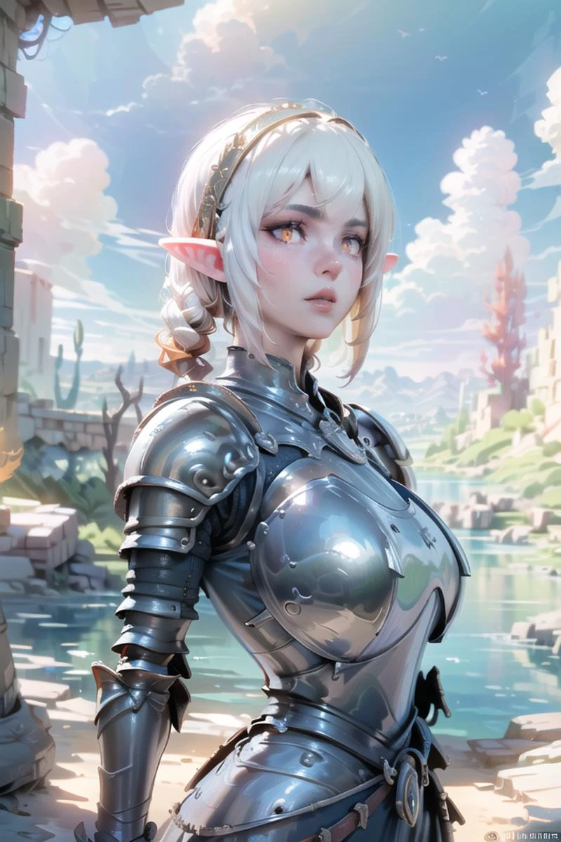 ultra detailed 8k cg, ultra realistic, masterpiece, (best quality), (detailed), very high resolution, highres, absurd res, high rating, cinematic lighting, cinematic bloom, (dynamic lighting:1.15), (dramatic lighting), (rim lighting), (volumetric lighting:1.5), (best shadow),(amazing shaders:1.2), (depth of field), (sharp focus:1.15), upper body, professional photography, cute, feminine, detailed body, (detailed face:1.1), (outlined iris), (perfect eyes), large_breast, ((((leather armor)))), (((( swept bangs, white hair, orange eyes, elf ears)))), (((( in a desert, in front of an huge lake, beautiful landscape)))), <lora:TheSabu-Style-A1:1> sabucartoon <lora:èèBlueRPG游æç»é£:0.4>