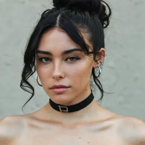 (Skin texture, pores, blemishes), Super high res portrait photo of a woman with black wavy hair wearing a thin black ring choker wearing no makeup,f /2.8, Canon, 85mm,cinematic, high quality, skin texture, looking at the camera, skin imperfections, <lora:mabeer_xl_1_standard_merger_19_29_48_98_03_03_02_02:1>