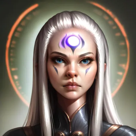 shar, shar \(baldurs gate\), 1girl, solo, long hair, looking at viewer, blue eyes, white hair, lips, eyelashes, glowing, facial mark, portrait, forehead mark, realistic, nose