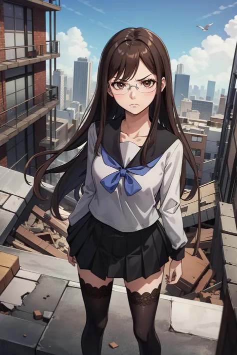 (masterpiece, best quality:1.2), 1girl, standing, cowboy shot, from above, looking at viewer, serious, frown, <lora:yakushiji:1> yakushiji, glasses, brown eyes, serafuku, pleated skirt, zettai ryouiki, cinematic, city ruins, rubble