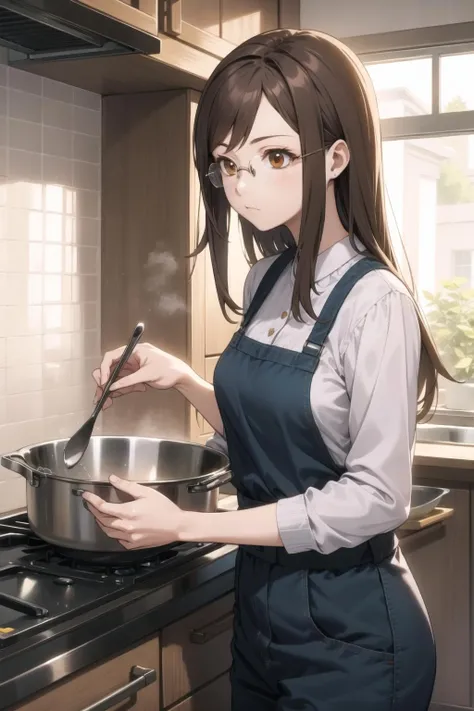 <lora:yakushiji-000028:1> yakushiji, glasses, brown eyes,
casual, 
1girl, solo,
indoors, kitchen, cooking