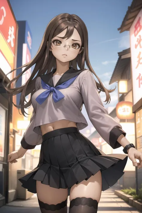 <lora:masamune_shirow_v0.5_065_v0.3_035:1>
<lora:yakushiji-000028:1> yakushiji, glasses, brown eyes,
serafuku, pleated skirt, zettai ryouiki,
1girl, solo,
outdoors, japanese neighborhood
