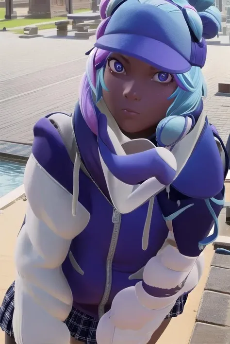 leelah, <lora:leelah-lora-nochekaiser:1>,
leelah, dark skin, dark-skinned female, blue hair, pink hair, two-toned hair, multicored hair, hair buns, (blue eyes:1.5), bandaid, bandaid on face,
BREAK skirt, hat, jacket, shoes, socks, miniskirt, scarf, plaid, plaid skirt, sneakers, mittens, purple headwear, loose socks, leg warmers,
BREAK looking at viewer,
BREAK outdoors,
BREAK <lyco:GoodHands-beta2:1>, (masterpiece:1.2), best quality, high resolution, unity 8k wallpaper, (illustration:0.8), (beautiful detailed eyes:1.6), extremely detailed face, perfect lighting, extremely detailed CG, (perfect hands, perfect anatomy),