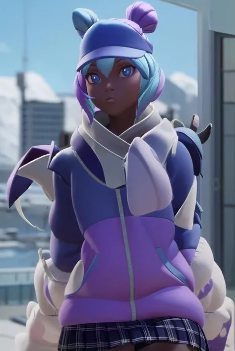 leelah, <lora:leelah-lora-nochekaiser:1>,
leelah, dark skin, dark-skinned female, blue hair, pink hair, two-toned hair, multicored hair, hair buns, (blue eyes:1.5), bandaid, bandaid on face,
BREAK skirt, hat, jacket, shoes, socks, miniskirt, scarf, plaid, plaid skirt, sneakers, mittens, purple headwear, loose socks, leg warmers,
BREAK looking at viewer,
BREAK outdoors,
BREAK <lyco:GoodHands-beta2:1>, (masterpiece:1.2), best quality, high resolution, unity 8k wallpaper, (illustration:0.8), (beautiful detailed eyes:1.6), extremely detailed face, perfect lighting, extremely detailed CG, (perfect hands, perfect anatomy),