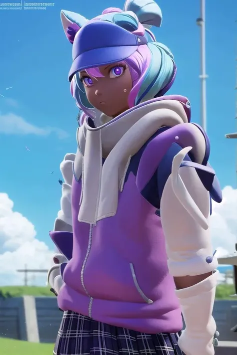 leelah, <lora:leelah-lora-nochekaiser:1>,
leelah, dark skin, dark-skinned female, blue hair, pink hair, two-toned hair, multicored hair, hair buns, blue eyes, bandaid, bandaid on face,
BREAK skirt, hat, jacket, shoes, socks, miniskirt, scarf, plaid, plaid skirt, sneakers, mittens, purple headwear, loose socks, leg warmers,
BREAK looking at viewer,
BREAK outdoors,
BREAK <lyco:GoodHands-beta2:1>, (masterpiece:1.2), best quality, high resolution, unity 8k wallpaper, (illustration:0.8), (beautiful detailed eyes:1.6), extremely detailed face, perfect lighting, extremely detailed CG, (perfect hands, perfect anatomy),