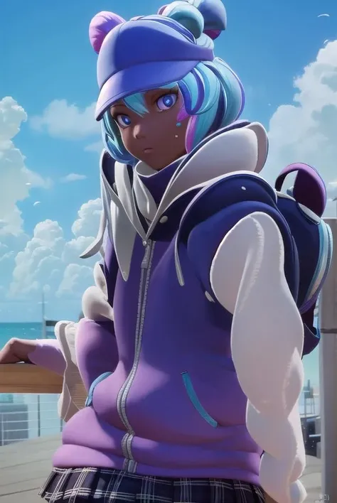 leelah, <lora:leelah-lora-nochekaiser:1>,
leelah, dark skin, dark-skinned female, blue hair, pink hair, two-toned hair, multicored hair, hair buns, (blue eyes:1.5), bandaid, bandaid on face,
BREAK skirt, hat, jacket, shoes, socks, miniskirt, scarf, plaid, plaid skirt, sneakers, mittens, purple headwear, loose socks, leg warmers,
BREAK looking at viewer,
BREAK outdoors,
BREAK <lyco:GoodHands-beta2:1>, (masterpiece:1.2), best quality, high resolution, unity 8k wallpaper, (illustration:0.8), (beautiful detailed eyes:1.6), extremely detailed face, perfect lighting, extremely detailed CG, (perfect hands, perfect anatomy),