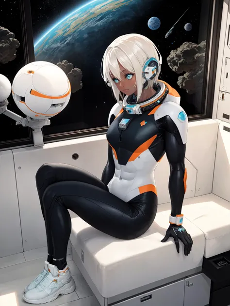 (Masterpiece, best quality), (highres, ultra-detailed), (absurdres, perfect anatomy), indoors, (space), spacecraft, window, destroyed planet, 1girl, solo, sela, dark skin, <lora:Sela23_V1-Manityro:1.0>, sitting, looking away, dutch angle, futuristic spacesuit, muscular