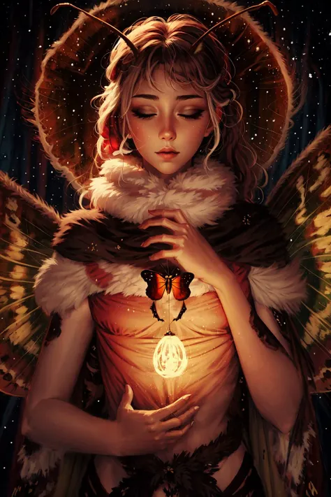 Highly detailed, High Quality, Masterpiece, beautiful, 1girl, nice hands, perfect hands, <lora:Other_EnvyBetterHands:1>, moth girl, moth wings, neck fur, antennae, <lora:Char_Moth_Moth:0.8>, <lora:Style_ThickCoatCG:0.8>, starry, strry light, night, colorful, cloud, star \(sky\), <lora:VFX_lightAndShadow:0.7>