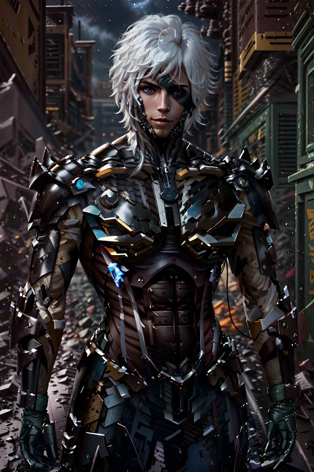 Highly detailed, High Quality, Masterpiece, (1boy, solo:1.4), raidenmgr, <lora:RaidenDoguV3:0.9>, cowboy shot, evil smile, <lora:Style_ThickCoatCG:0.8>, starry, strry light, night, colorful, cloud, star \(sky\), <lora:VFX_lightAndShadow:0.7>, (one eye covered:1.2), white hair