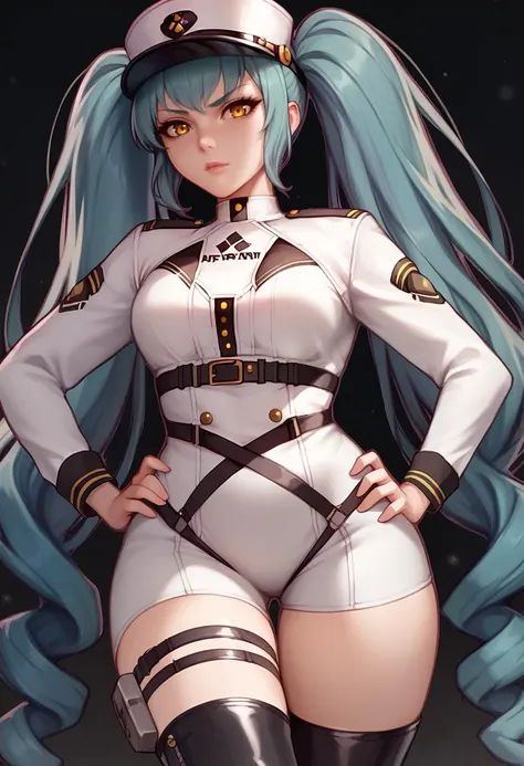 score_9, score_8_up, score_7_up, source_anime BREAK 1girl, solo, <lora:privaty-nikke-richy-v1_pdxl:1> privatydef, yellow eyes, aqua hair, twintails, very long hair, peaked cap, military uniform, harness, thigh strap, black thigh boots <lora:kittew-artist-richy-v1_pdxl:1> hands on hips, looking at viewer