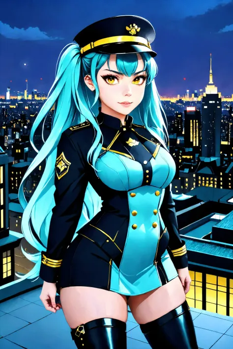 1girl, <lora:privaty-nikke-richy-v1_pdxl:1> privatydef, yellow eyes, aqua hair, twintails, very long hair, peaked cap, military uniform, harness, thigh strap, black thigh boots
Rooftop city view and twilight ambiance,
masterpiece, best quality, highres,